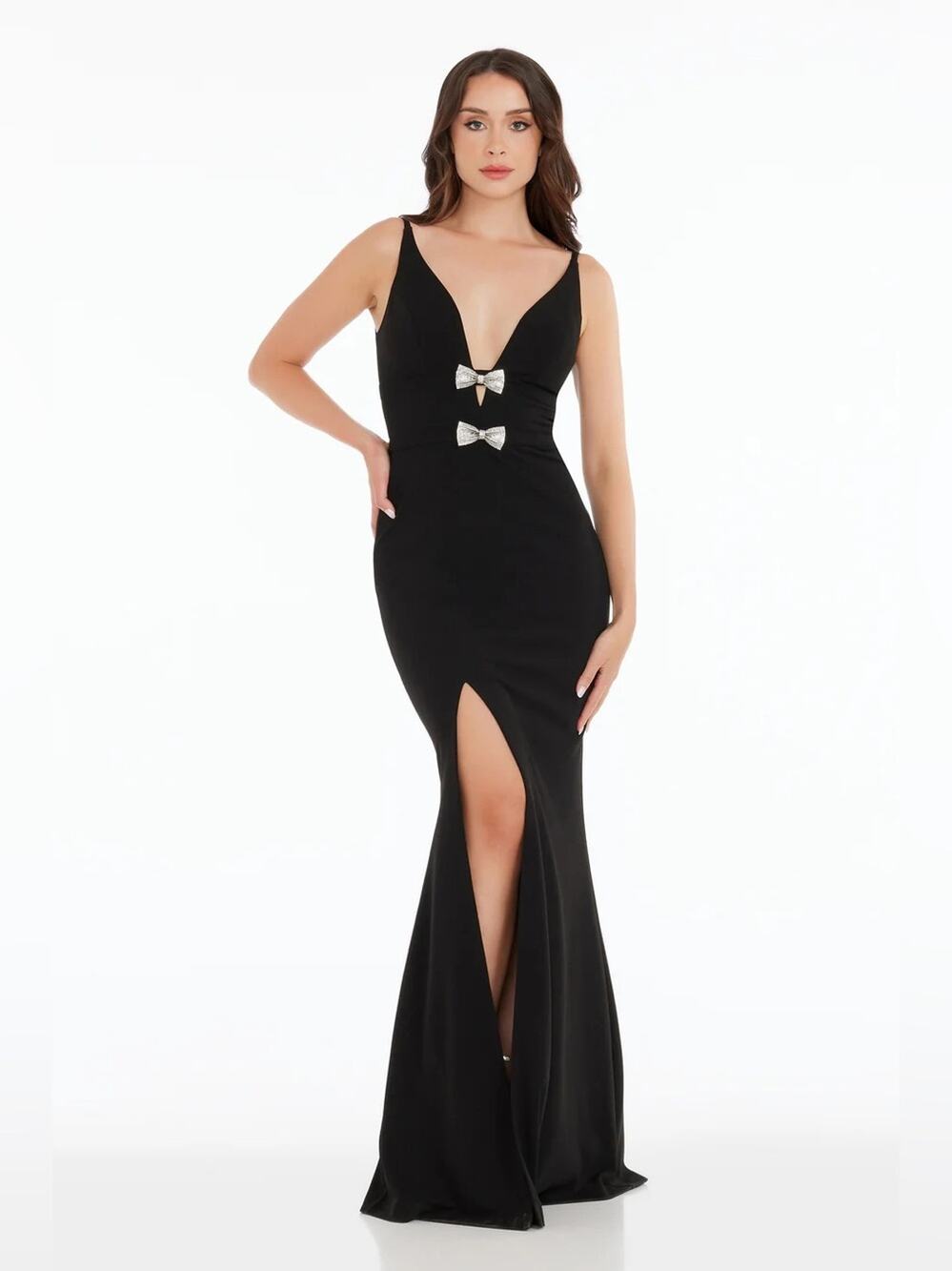 DRESS THE POPULATION Viola Dress
Black Evening Gown with Bow Accents